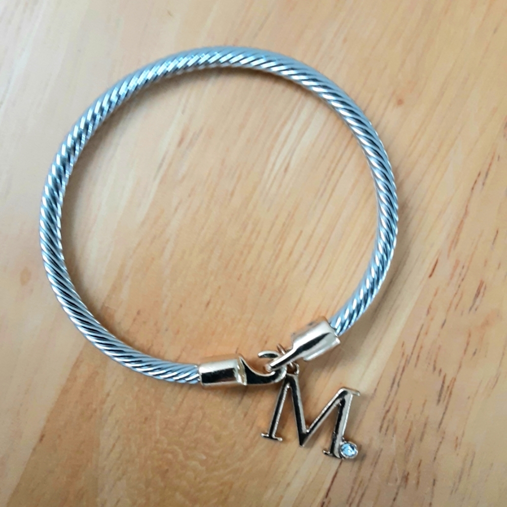 Cable Bangle Bracelet, Initial M and Rhinestone Charm, Gold & Silver Tone